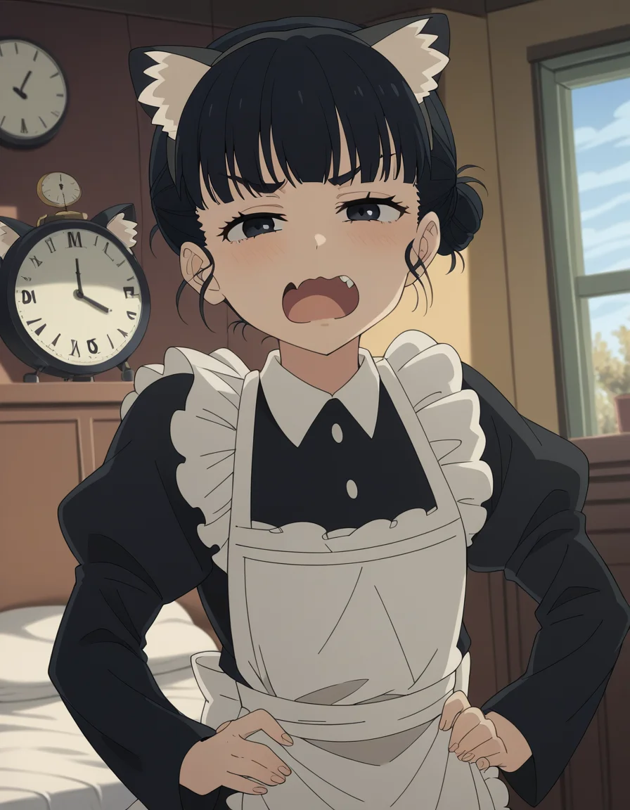 score_9, score_8_up, score_7_up, source_anime, <lora:tiara-basori-s1-ponyxl-lora-nochekaiser:1>, tiara basori, bangs, black hair, hair bun, black eyes, single hair bun,, skirt, long sleeves, animal ears, puffy sleeves, cat ears, apron, black dress, maid, fake animal ears, juliet sleeves, maid apron, bedroom, alarm clock, morning routine, yawning, stretching, on bed,, , looking at viewer, smug, hands on hips,, solo,, cowboy shot, dutch angle