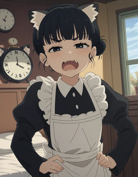 score_9, score_8_up, score_7_up, source_anime, <lora:tiara-basori-s1-ponyxl-lora-nochekaiser:1>, tiara basori, bangs, black hair, hair bun, black eyes, single hair bun,, skirt, long sleeves, animal ears, puffy sleeves, cat ears, apron, black dress, maid, fake animal ears, juliet sleeves, maid apron, bedroom, alarm clock, morning routine, yawning, stretching, on bed,, , looking at viewer, smug, hands on hips,, solo,, cowboy shot, dutch angle