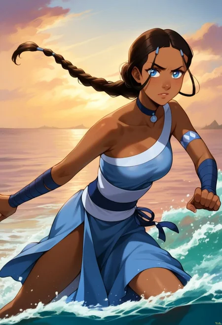 score_9, score_8_up, score_7_up, <lora:katara-book2-ponyxl-lora-nochekaiser:1>, katara, long hair, blue eyes, brown hair, black hair, hair ornament, hairclip, braid, single braid, braided ponytail, dark skin, dark-skinned female, medium breasts, katara, solo, long_hair, breasts, black_hair, large_breasts, gloves, dress, dark_skin, flat_chest, dark-skinned_female, bare_shoulders, very_long_hair, blue_eyes, collarbone, choker, elbow_gloves blue_dress, photo, real, realistic, analog style,
fighting stance, action pose, water, ocean, waves, dramatic lighting, cinematic