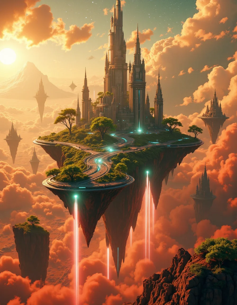 Suspended in the vast expanse of space, a mesmerizing chain of islands drifts serenely in orbit around the red planet, Mars. Each island hovers at a different altitude, their surfaces adorned with lush, emerald foliage that flourishes beneath the glimmering force fields enveloping them like protective shields. The shimmering barriers ripple like liquid light, refracting the harsh glow of distant stars and painting the sky with an ethereal iridescence.
Expansive land bridges connect these celestial wonders, their structures crafted from advanced alloys that gleam under the golden radiance of a nearby sun. Towering skyscrapers, sleek and futuristic, rise like monolithic sentinels from the dense greenery, their crystalline facades pulsing with streams of neon energy. Some seem to touch the heavens, their uppermost floors disappearing into the wisps of cosmic mist that swirl around them.
Above and below, sleek shuttles weave through the intricate pathways of this orbital oasis, descending gracefully toward the Martian surface in choreographed arcs of propulsion and light. Each craft leaves behind a faint, luminescent trail as it navigates through the shimmering force fields, vanishing into the crimson haze that blankets the planet below. The scene is a breathtaking fusion of sci-fi wonder and mystical grandeur, rendered in stunning 8K detail with the magic of Unreal Engine, Octane Render, and the unparalleled realism of ray tracing. It is a vision of a world where technology and fantasy entwine, suspended in the cosmos like an artistâs dream brought to life. <lora:Flux_Detailer_v3:0.8> Jeddtlv3 <lora:Test:0.8> n1t3_du5t