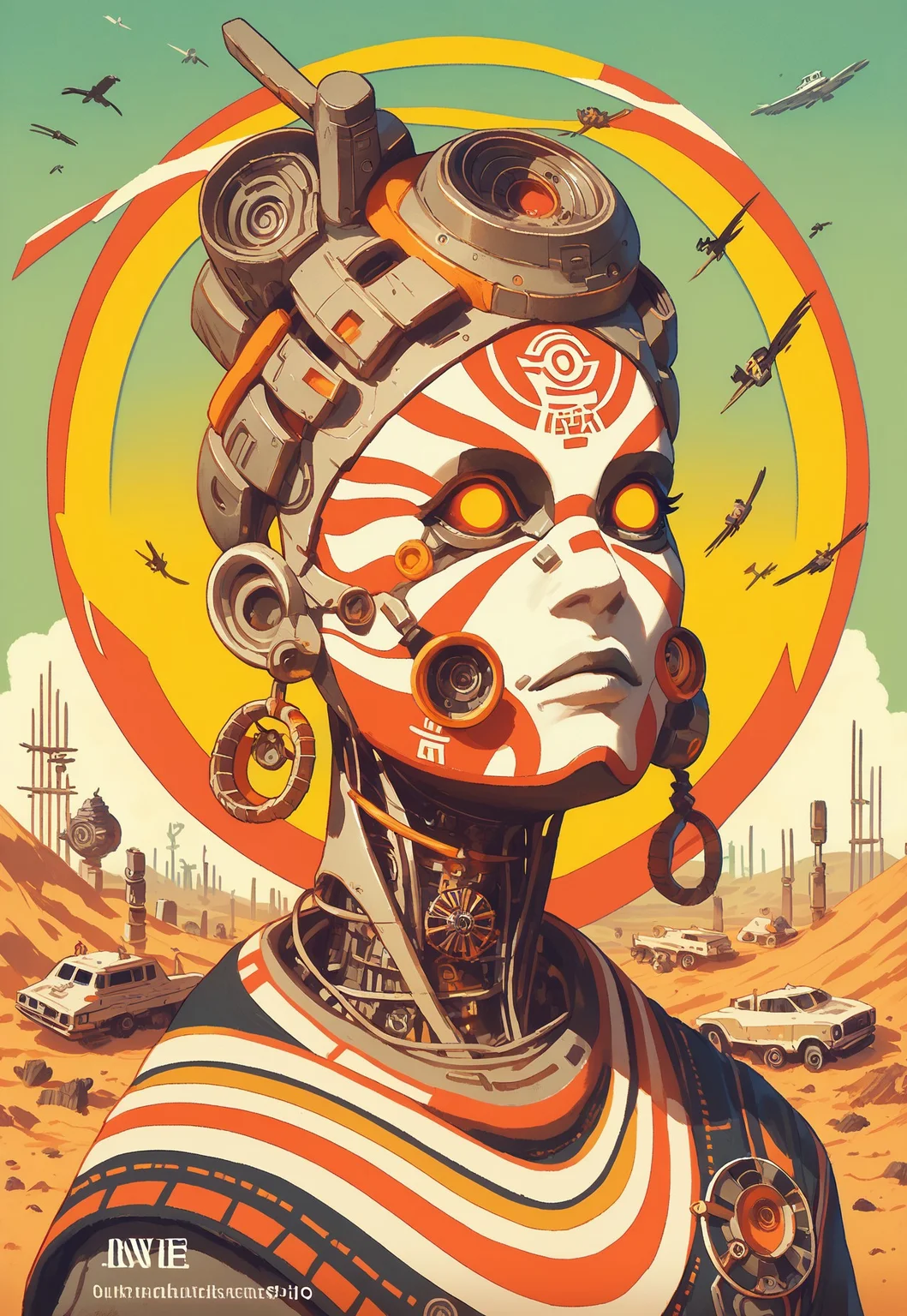 score_9_up, score_8_up, score_7_up, score_6_up, rating_safe, 1girl, cowboy shot, mechabare, , ancient tribal mask, desert, nuclear test, explosion,cyber, orange neon, silve metallic, city background, DonMX3n0T3chXL, did vaporwave style,split head, split face, inside head,
