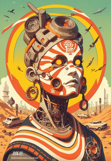 score_9_up, score_8_up, score_7_up, score_6_up, rating_safe, 1girl, cowboy shot, mechabare, , ancient tribal mask, desert, nuclear test, explosion,cyber, orange neon, silve metallic, city background, DonMX3n0T3chXL, did vaporwave style,split head, split face, inside head,