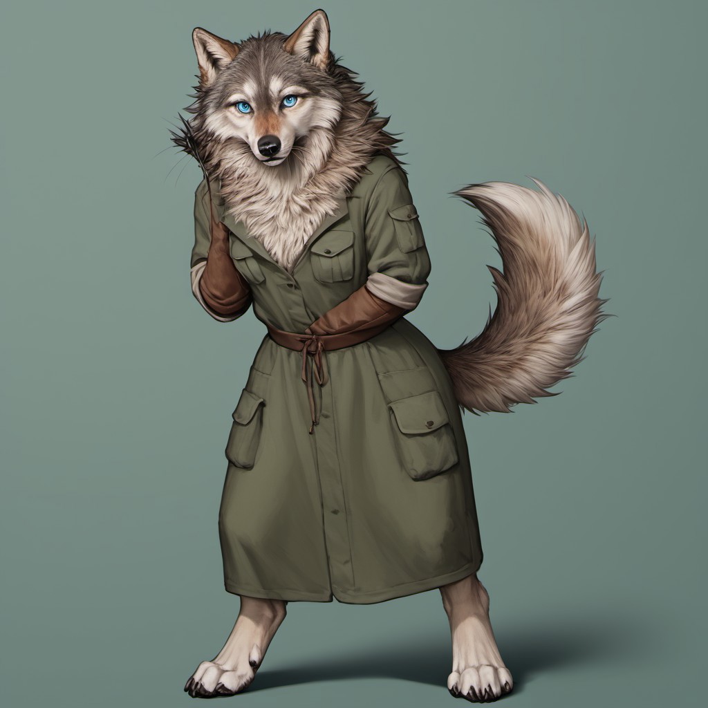 score_9, score_8_up, score_7_up, source_furry, detailed face, detailed eyes, incredible detail BREAK 1girl, solo, anthro, wide shot (furry female, wolf, light brown fur, monotone fur, light blue eyes,slightly wide hips, small breasts), black nose, whiskers, ear flop, solo, looking at viewer, simple background, green background, full body, hunter outfit, archer outfit, shy pose