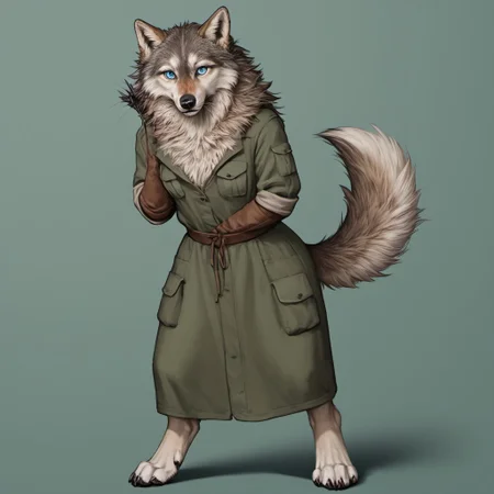 score_9, score_8_up, score_7_up, source_furry, detailed face, detailed eyes, incredible detail BREAK 1girl, solo, anthro, wide shot (furry female, wolf, light brown fur, monotone fur, light blue eyes,slightly wide hips, small breasts), black nose, whiskers, ear flop, solo, looking at viewer, simple background, green background, full body, hunter outfit, archer outfit, shy pose