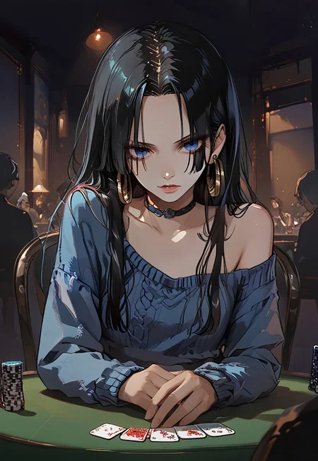 score_9, score_8_up, score_7_up, score_6_up, score_5_up, score_4_up, boa_hancock, long hair, black hair, earrings, table, poker, blue sweater, night, dark background, Low-key lighting, off-shoulder sweater, single bare shoulder shirt, gthan, gothic
