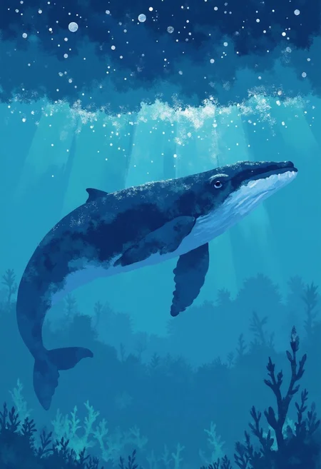 whale swimming in azure lake beautiful night, beautiful drawing with sequins <lora:minimalist_flat_illustration_nbm:1.0><lora:797682346066255041:0>