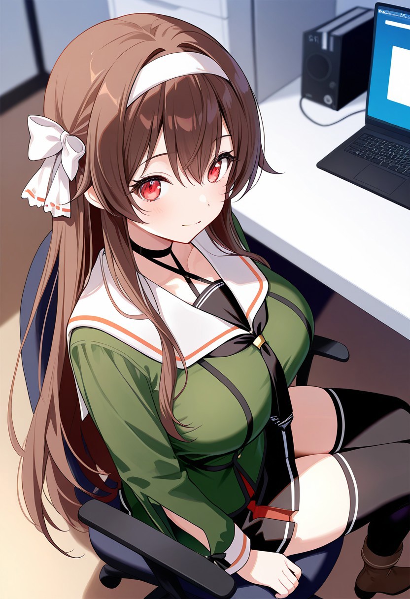 masterpiece, high score, great score, absurdres, no blur, perfect anatomy, 1girl, solo, YaezawaNatoriDotLive, very long hair, brown hair, red eyes, eyelashes, large breasts, white hairband, hair bow on right side, black choker, criss-cross halter, black neckerchief, white sailor collar, green shirt, long sleeves, black skirt, miniskirt, black thighhighs, boots, light smile, indoors, room, sit on chair, computer, watch, from above, from side, depth of field, beautiful face, highly detailed faces and eyes, perfect hair, beautiful breasts