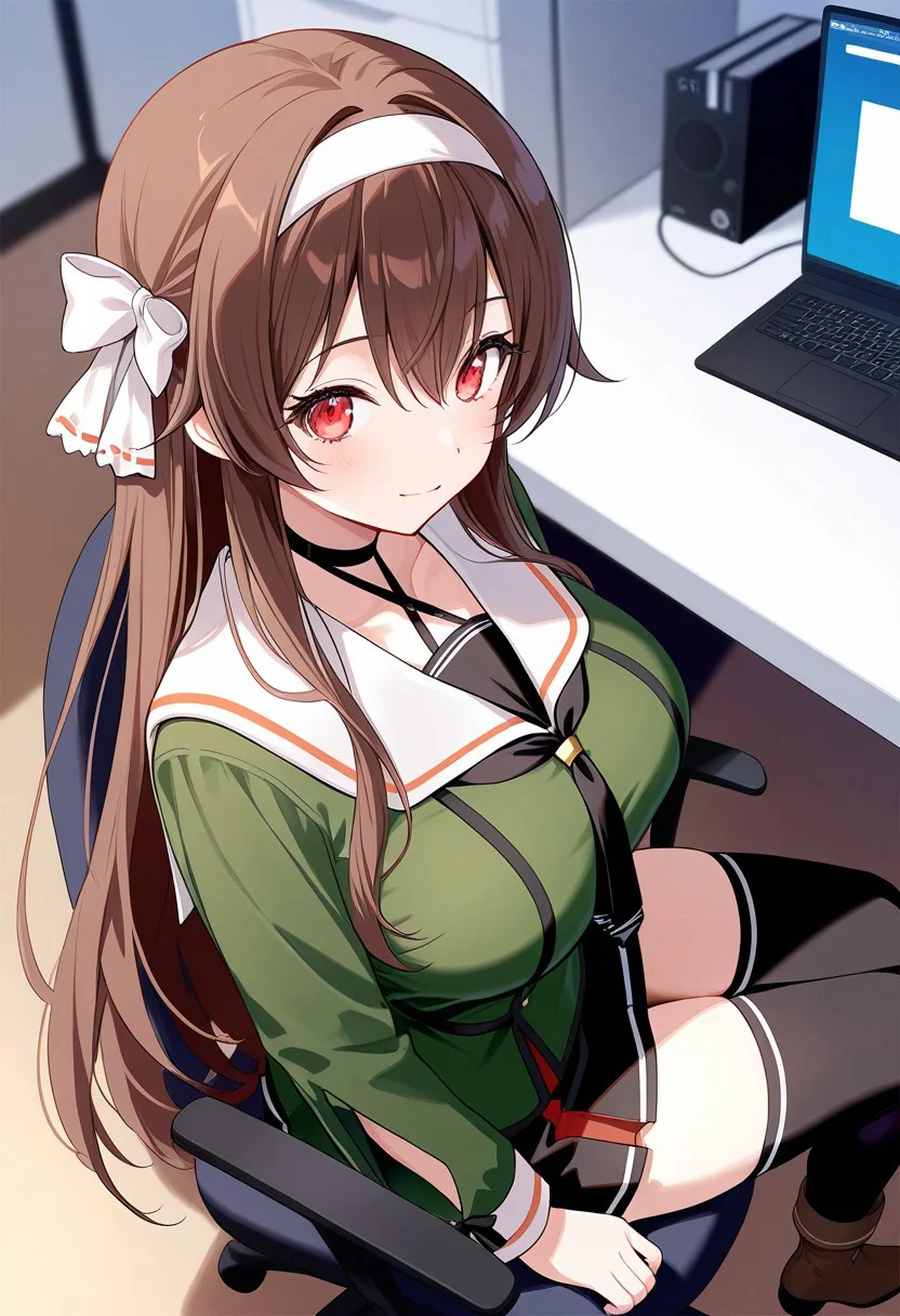 masterpiece, high score, great score, absurdres, no blur, perfect anatomy, 1girl, solo, YaezawaNatoriDotLive, very long hair, brown hair, red eyes, eyelashes, large breasts, white hairband, hair bow on right side, black choker, criss-cross halter, black neckerchief, white sailor collar, green shirt, long sleeves, black skirt, miniskirt, black thighhighs, boots, light smile, indoors, room, sit on chair, computer, watch, from above, from side, depth of field, beautiful face, highly detailed faces and eyes, perfect hair, beautiful breasts