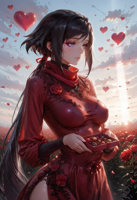 masterpiece, best quality, amazing quality, very aesthetic, absurdres, newest, (scenery, volumetric lighting),depth of field, 1girl,solo,sfw,(,,Cowboy Shot) , eyeliner,ayame \(gundam build divers\), gundam, 1girl, purple eyes, black hair, very long hair, long hair, low ponytail, split ponytail, ponytail, red scarf,, 1girl,  lonely, long sleeve, turtleneck, rose dress, red dress,, flower, roses, hearts, cherry blossom petals,box of chocolates,medium breasts, medium and teardrop shaped breasts,(covered breasts:1.3),curvy,skindentation,finger_frame, romantic, in love, many sunflowers field, sky, incoming clouds,day, halloween,solo focus, unsr,,(shiny skin:0.7),(sakimichan:0.8,wlop:0.5),masterpiece, best quality, amazing quality, very aesthetic, absurdres, newest, (scenery, volumetric lighting),depth of field,gobo lighting,yuhka,  <lora:memento mori:0.6> <lora:MoriiMee_Gothic_Niji_Style_Illustrious_r1:0.8> artist:moriimee <lora:ral-vltne:1> ral-vltne <lora:TQ_-_Rustic_Wooden_Valentines_Day_Backdrops:1>  <lora:GOBOLightingILL:1> gobo lighting, shadows