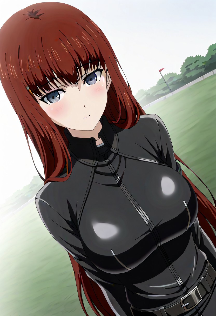 Ultra-high-detailed Anime illustration of Kagari Shiina. The artwork features Kagari in a solo, standing position with a outdoors, street background. 
She is depicted with intricate details showcasing her big breasts, natural breasts. She is a white skinned, 22 years old woman. Kagari is looking at viewer with perfect eyes, Her pupils are highly detailed. The eyes are open. grey eyes. Kagari's eyes are highlighted. Highlighted eyevrows. 
She has long hair, red colored hair, styled in floating hair with bangs.
She is wearing a motorcycle suit, black motorcycle suit, full body motorcycle suit with black gloves, black belt and black shoes. 
The artistic style is intricate_details_xl with a focus on Anime artstyle. The color palette emphasizes red and black with detailed strokes to bring out the character's features. The lighting creates dramatic shadows and highlights, adding depth to the artwork. The perspective is from a dutch angle to enhance the impact of the character's expression. This masterpiece is a true portrayal of Kagari's complex personality and will captivate any fan of Kagari. Kagari Shiina, close up