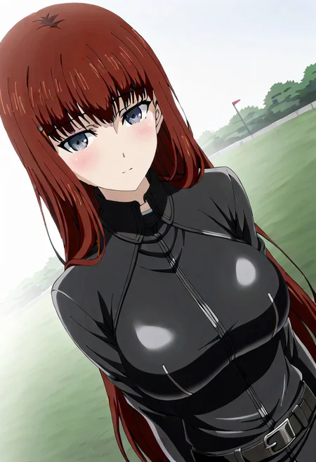 Ultra-high-detailed Anime illustration of Kagari Shiina. The artwork features Kagari in a solo, standing position with a outdoors, street background. 
She is depicted with intricate details showcasing her big breasts, natural breasts. She is a white skinned, 22 years old woman. Kagari is looking at viewer with perfect eyes, Her pupils are highly detailed. The eyes are open. grey eyes. Kagari's eyes are highlighted. Highlighted eyevrows. 
She has long hair, red colored hair, styled in floating hair with bangs.
She is wearing a motorcycle suit, black motorcycle suit, full body motorcycle suit with black gloves, black belt and black shoes. 
The artistic style is intricate_details_xl with a focus on Anime artstyle. The color palette emphasizes red and black with detailed strokes to bring out the character's features. The lighting creates dramatic shadows and highlights, adding depth to the artwork. The perspective is from a dutch angle to enhance the impact of the character's expression. This masterpiece is a true portrayal of Kagari's complex personality and will captivate any fan of Kagari. Kagari Shiina, close up