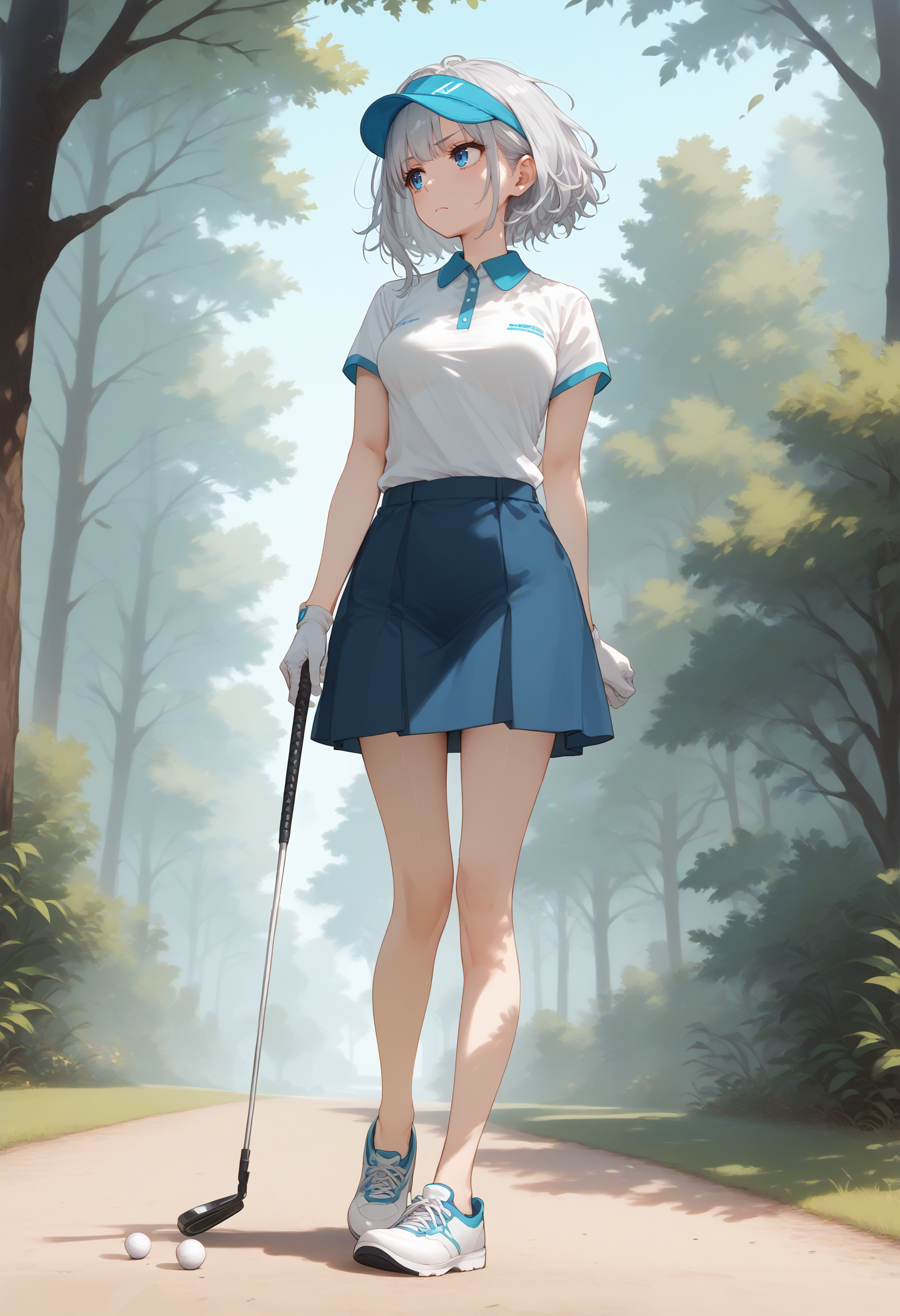 score_9, score_8_up, score_7_up, source_anime,
1girl,solo,medium breasts,
golf,golf club,gloves,shirt,skirt,visor cap,outdoors,day <lora:golf_Pony_v1:0.8>
dutch angle, full body, looking away, silver hair, blue eyes,grimace, closed mouth, tired hair,,