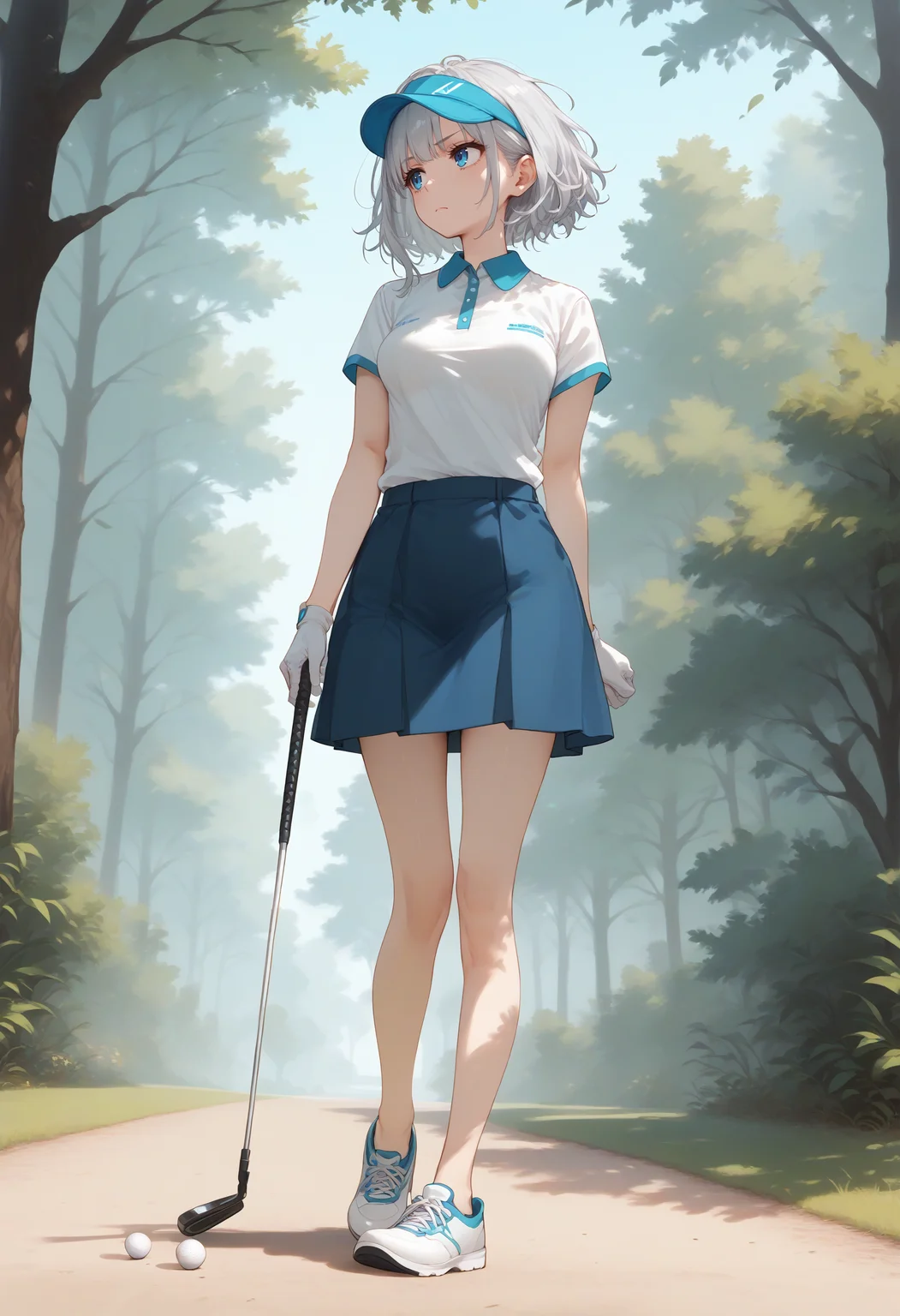score_9, score_8_up, score_7_up, source_anime,
1girl,solo,medium breasts,
golf,golf club,gloves,shirt,skirt,visor cap,outdoors,day <lora:golf_Pony_v1:0.8>
dutch angle, full body, looking away, silver hair, blue eyes,grimace, closed mouth, tired hair,,