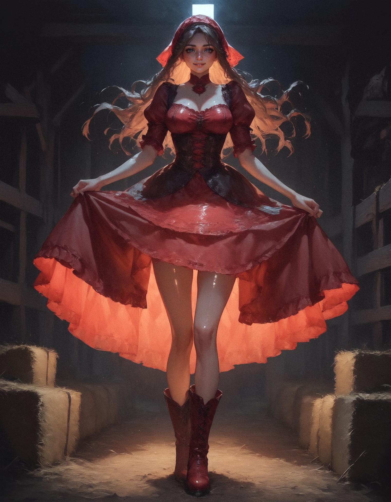 score_9, score_8_up, score_7_up,  1girl, solo, young woman, cute, large breasts, smiling, freckles, bob hairstyle, braid, long hair, brown hair, shiny skin, red Victorian dress, red boots, legs, thighs, red head scarf, barn, farm, Victorian, black background, red theme,