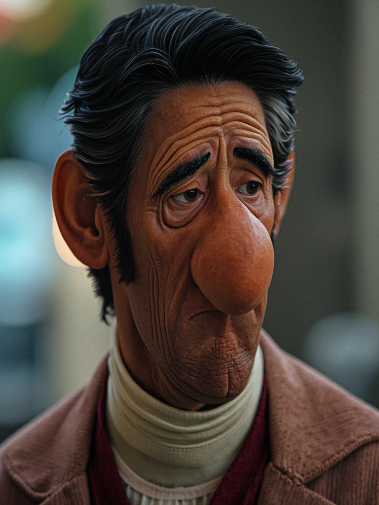 Surreal cinematic photograph. Candid portrait of a Lando Calrissian man with a large bulbous nose and exaggerated features. Shot on 35mm analog film. Subtle film grain. Natural and soft lightning, blurred bokeh background. Detailed skin texture. d0nm4rt1n. Photo in the style of Don Martin
