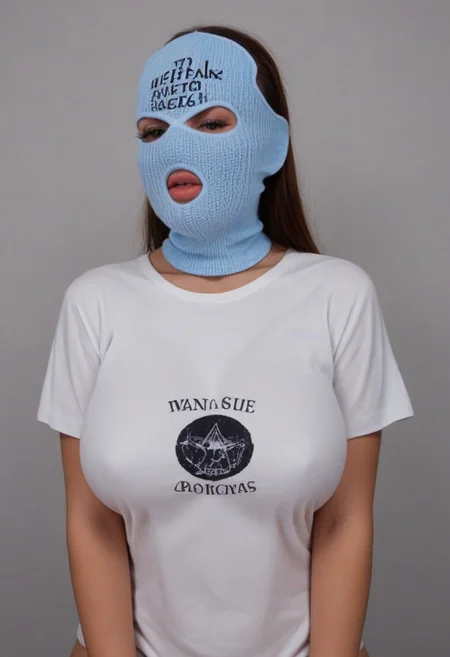 (Sexy busty) woman with (enormous breasts)+++ (in mask)+++ (large t-shirt)+++