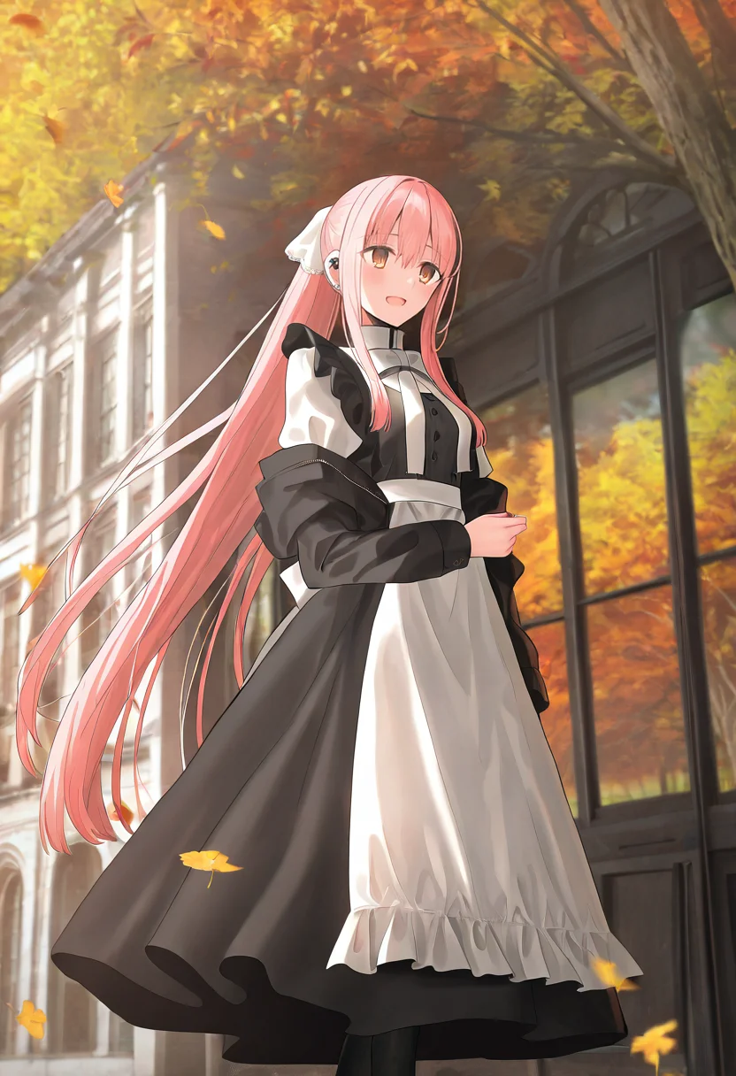 1girl, yana \(chihuri\), :d, autumn leaves, black dress, black jacket, black pantyhose, blurry background, blush, brown eyes, building, depth of field, door, ear piercing, feet out of frame, hair ribbon, jewelry, juliet sleeves, long sleeves, maid, off shoulder, open clothes, open jacket, open mouth, outdoors, pink hair, ponytail, puffy sleeves, sidelocks, sleeveless dress, smile, solo, standing, stud earrings, tree, very long hair, waist apron, white apron, white ribbon, white shirt, window, masterpiece, best quality, amazing quality, very aesthetic, absurdres, takashi <lora:takeuchi_takashi:0.8>