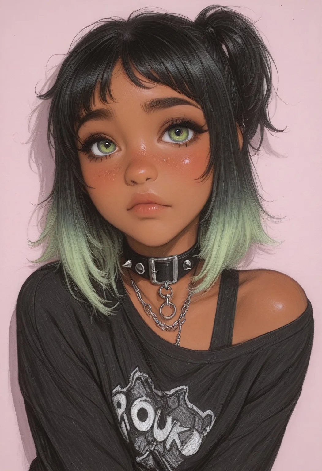 sketch, paper texture, traditional media,
masterpiece, best quality, very aesthetic, absurdres, sketched, lineart, sketched-shading, (anime coloring:1.2), dynamic lighting, ambient light, soft light, usnr, artist:moriimee, line art,

female, gradiant green-black hair, punk hair, hair short on one side, collar, freckles, dark-skinned_female, ebony, looking at viewer, gradient hair, punk clothing,
large chest,
face focus, beautiful eyes, shy, blush,
dynamic pose, off balance, shy pose,
outfit, clothes, 

[layered_composition], pencil drawing style, pastel colors, pencil colors,
simple background, gradient, high detail, sharp shading, soft shadows,
