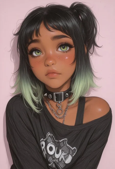 sketch, paper texture, traditional media,
masterpiece, best quality, very aesthetic, absurdres, sketched, lineart, sketched-shading, (anime coloring:1.2), dynamic lighting, ambient light, soft light, usnr, artist:moriimee, line art,

female, gradiant green-black hair, punk hair, hair short on one side, collar, freckles, dark-skinned_female, ebony, looking at viewer, gradient hair, punk clothing,
large chest,
face focus, beautiful eyes, shy, blush,
dynamic pose, off balance, shy pose,
outfit, clothes, 

[layered_composition], pencil drawing style, pastel colors, pencil colors,
simple background, gradient, high detail, sharp shading, soft shadows,