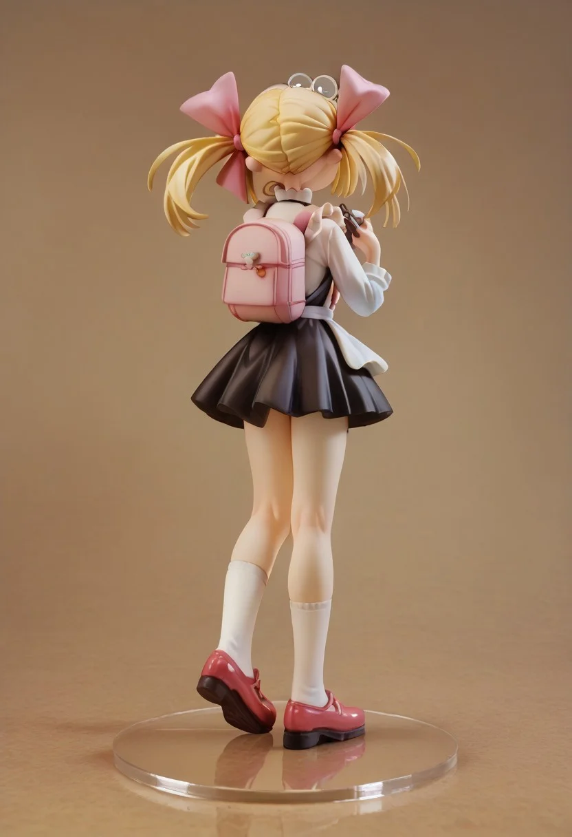 score_9, score_8_up, score_7_up, score_6_up, 1girl, solo, furled brow, , <lora:tst:0.7> blonde hair, twintails with pink bows, round glasses, black short minidress, white apron, shoes with white socks <lora:Boli_Style:1> Boli, 3xt3nd3dupsk1rt,extended , backpack, from behind