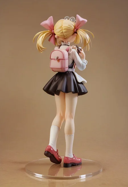 score_9, score_8_up, score_7_up, score_6_up, 1girl, solo, furled brow, , <lora:tst:0.7> blonde hair, twintails with pink bows, round glasses, black short minidress, white apron, shoes with white socks <lora:Boli_Style:1> Boli, 3xt3nd3dupsk1rt,extended , backpack, from behind