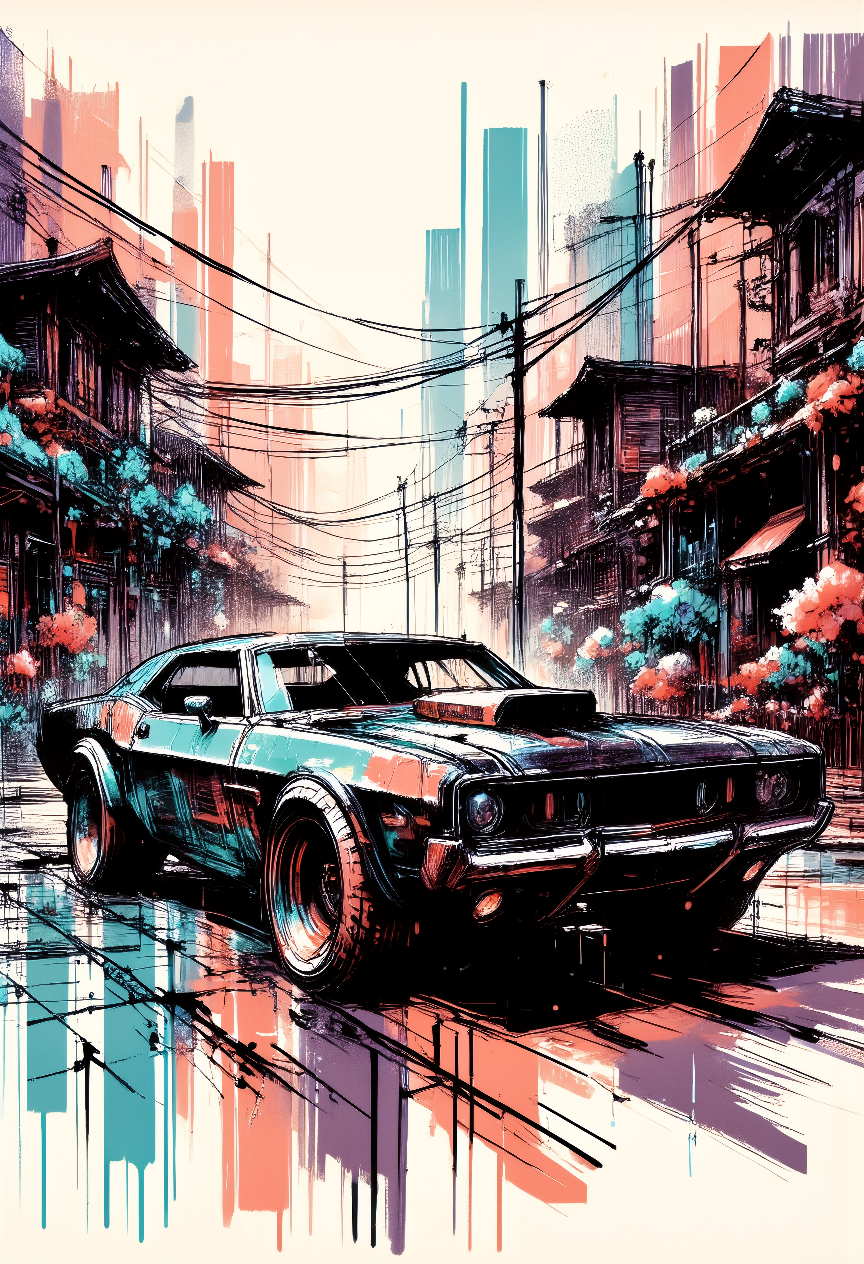 loose vector sketch of a grunge scene with muscle car. The car is parked on an empty, gritty urban street. The car is depicted with bold black outlines and colorful intricate details, capturing the powerful, rugged design with a vintage feel. The background features old, run-down buildings adorned by flowers and telephone poles, conveying an industrial and deserted atmosphere and is displayed in ink stains in shades of pink and violet. The illustration combines comic book style elements with ink wash techniques, giving the artwork a raw, expressive feel. Whole image is adorned with faded ink stains and frame, textured, distressed, vintage