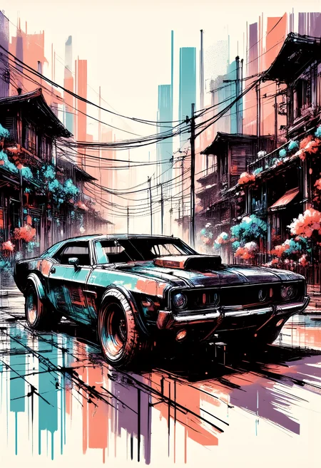 loose vector sketch of a grunge scene with muscle car. The car is parked on an empty, gritty urban street. The car is depicted with bold black outlines and colorful intricate details, capturing the powerful, rugged design with a vintage feel. The background features old, run-down buildings adorned by flowers and telephone poles, conveying an industrial and deserted atmosphere and is displayed in ink stains in shades of pink and violet. The illustration combines comic book style elements with ink wash techniques, giving the artwork a raw, expressive feel. Whole image is adorned with faded ink stains and frame, textured, distressed, vintage