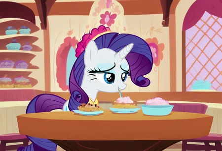 MLP Style, hi_res, score_9, score_8_up, 1girl, source_pony, show accurate, rarity, sitting at a table, upscale cafe, high class, daintily eating, fancy salad, sharp focus <lora:MLP_Style_V2-000008:1>