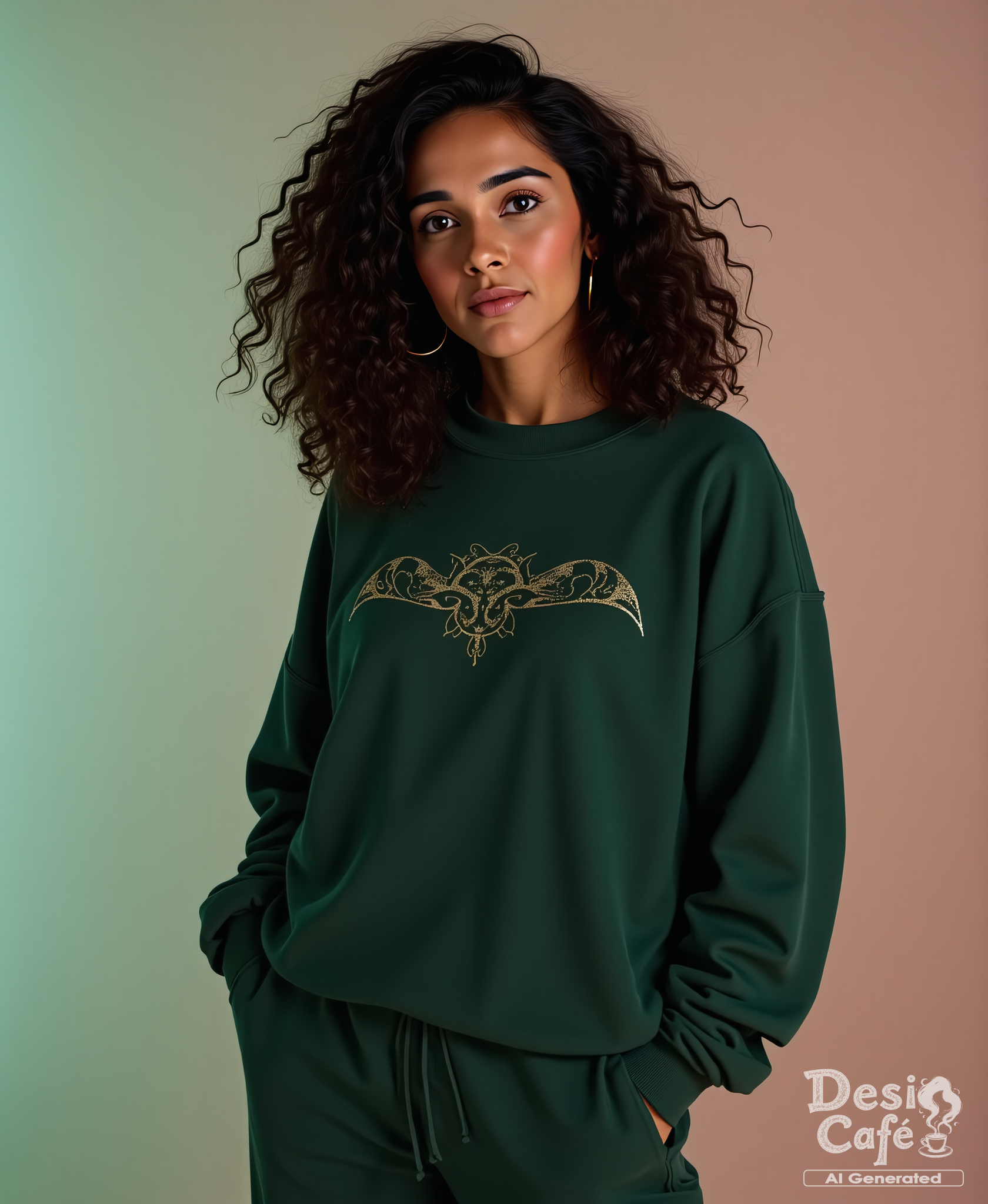 full body photo of tara sharma woman, hyper realistic photo that is safe for work, serious, studio quality image with natural colors, well dressed wearing intricate long sleeved Forest Green sweatshirt, hair styled as  floppy curls,muted pastel shaded multicolored background that contrasts with the person, cinematic lighting,ââ    <lora:Tara_Sharma_Flux_Kohya_V1:1>âââ