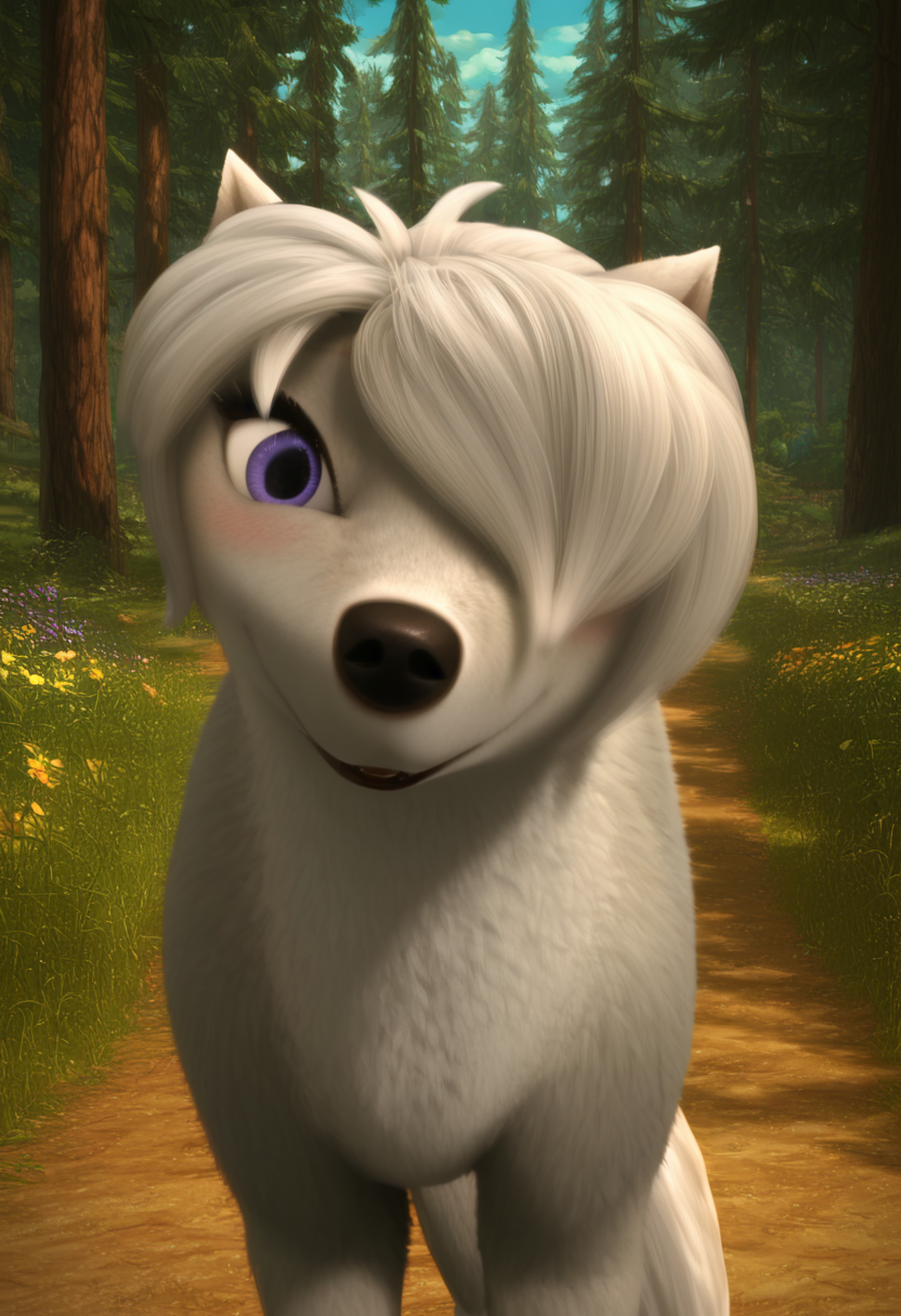 zPDXL, score_9_up, score_8_up,_7_up, score_6_up, score_5_up, score_4_up ,source_furry, best quality, amazing quality, masterpiece, 1girl, looking at viewer, solo, fullbody, cute, blush, cute smile, cute pose, out doors, forest, trees, field, flowers, lilly,  wolf girl, silver-gray fur, purple eyes, hair over one eye, wolf tail, wolf ears,   <lora:Lilly:1>, Expressiveh, good_hands, <lora:Expressive_H:0.8>, <lora:Detail_Slider_v1.4_iteration_3:4>, <lora:pony_good_hands:0.8>