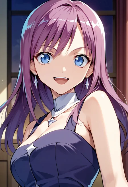 score_9, score_8_up, score_7_up, source_anime, JENNY (BAKUGAN), 1girl, solo, long hair, smile, open mouth, blue eyes, jewelry, purple hair, earrings, senjougahara hitagi