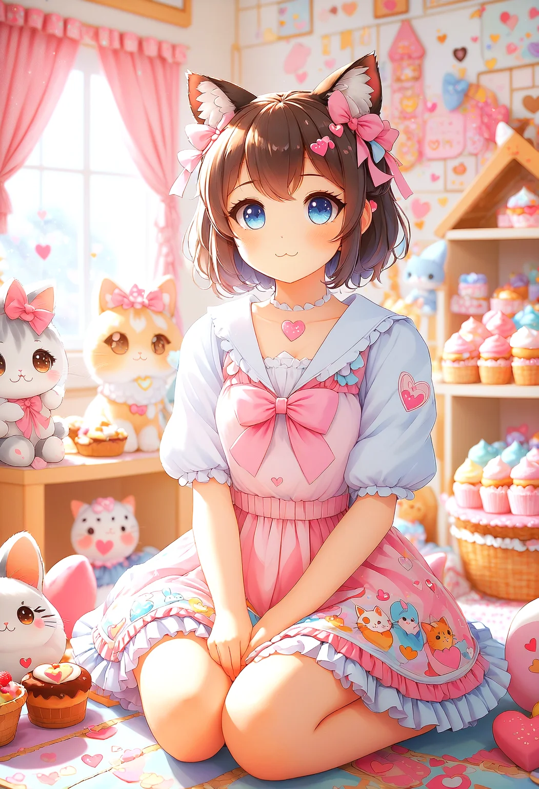 woman in Nekopara-inspired anime style, in Nekopara-themed outfit, sitting in a cat-filled room with heart-shaped cat ears on head, surrounded by desserts, with Nekopara traits, such as cat ears and tail, soft pastel colors, kawaii aesthetic, trendsetting, chibi-styled illustration, watercolor painting, whimsical atmosphere <lora:RMSDXL_Creative:0.30>, <lora:SDXLFaeTastic2400:0.3>, <lora:MJ52:0.6>,