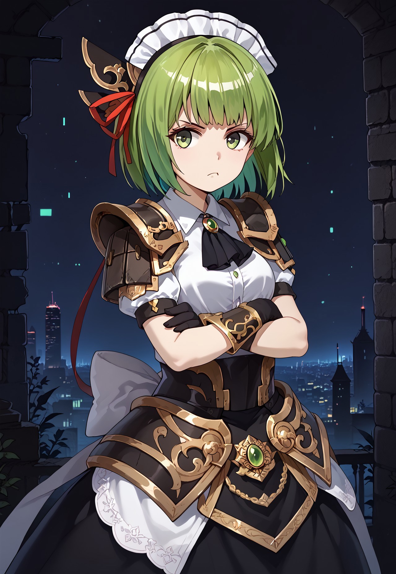 safe_pos, 1girl, solo, solo focus, highres, absurdres, CtK_Goujian, green hair, short hair, maid headdress, green eyes, bangs, hair ribbon, v-shaped eyebrows, hair ornament,

black gloves, black dress, armored dress, shoulder armor, black ascot, white bow, puffy short sleeves, pauldrons, white shirt, green brooch, gold trim,

looking at viewer, crossed arms, pout, from side, looking to the side, 

ruins, cityscape, neon lights, shade, night, night sky, dark, backlighting,