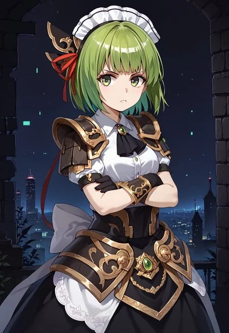 safe_pos, 1girl, solo, solo focus, highres, absurdres, CtK_Goujian, green hair, short hair, maid headdress, green eyes, bangs, hair ribbon, v-shaped eyebrows, hair ornament,
black gloves, black dress, armored dress, shoulder armor, black ascot, white bow, puffy short sleeves, pauldrons, white shirt, green brooch, gold trim,
looking at viewer, crossed arms, pout, from side, looking to the side,
ruins, cityscape, neon lights, shade, night, night sky, dark, backlighting,