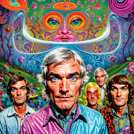 timothy leary and the pranksters close up portrait in wonderland, crazy eyes,in style of(bangerooo:1.15), 2d,