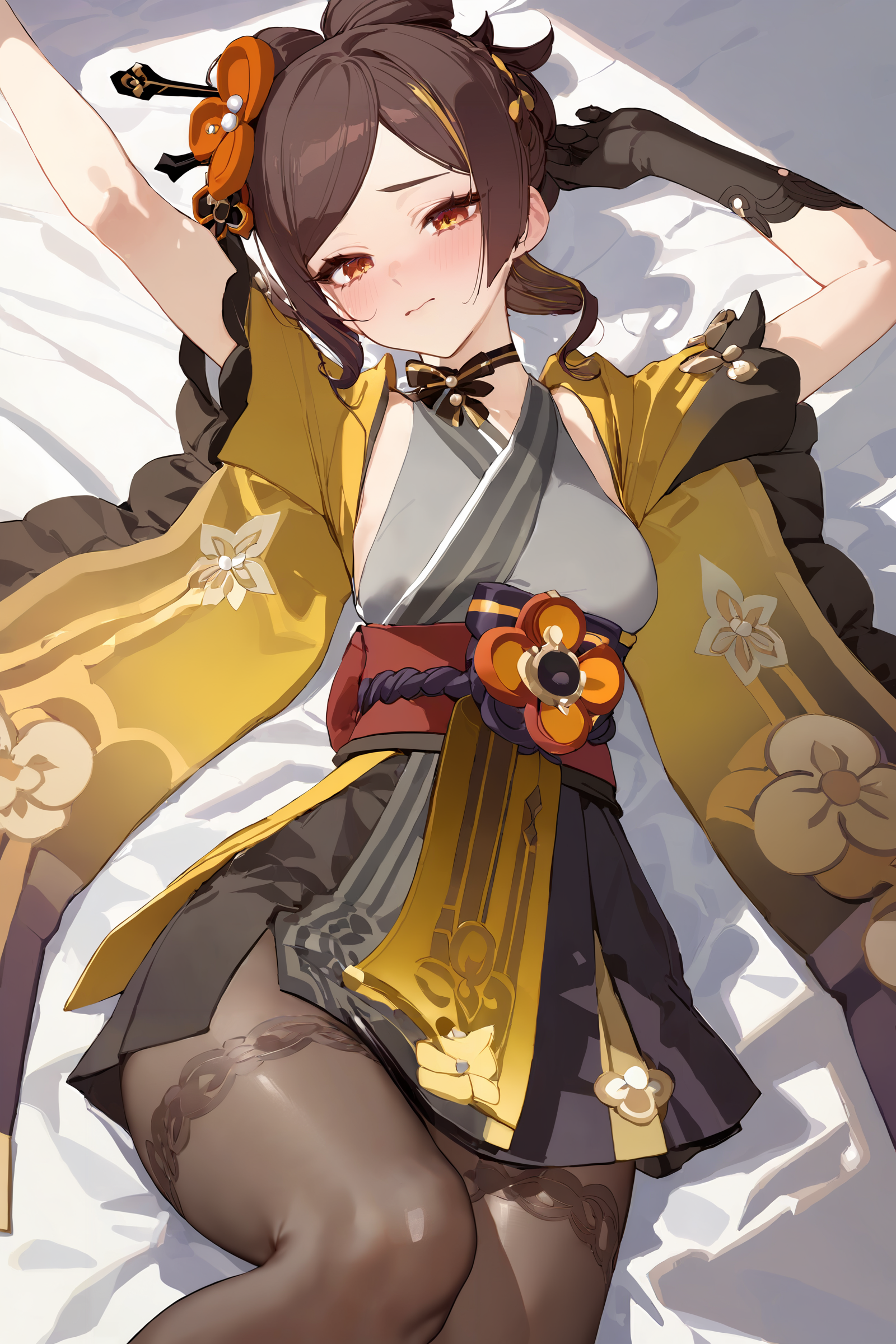 masterpiece, best quality, perfect features, intricate details, ray tracing, newest,(hitenkei, askzy:0.4), 1girl, chiori \(genshin impact\), solo, elbow gloves, hair ornament, short kimono, print pantyhose, sash, wide sleeves, ribbon choker, cowboy shot, lying, bed sheet, looking at viewer, shy, blush, wavy mouth, arms up, blush <lora:Char-Genshin-Chiori-XL-V1:0.9>  <lora:quality1:0:hr=1>