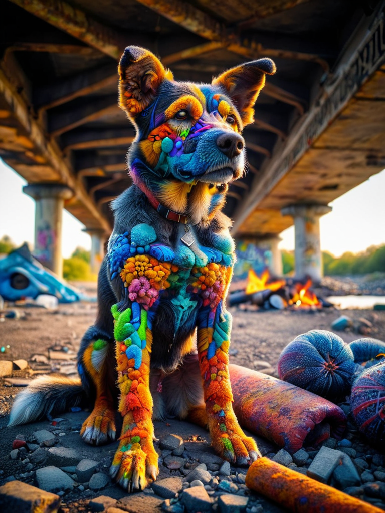 old dog sitting in a junky under the bridge, graffiti, campfire, detailed, wide angle <lora:ral-trichome:1> ral-trichome