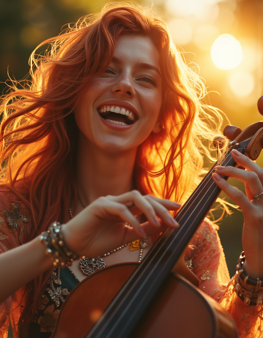 Create an ultrarealistic portrait of a captivating bard with flowing auburn hair and tender green eyes ablaze with intense passion, holding an enigmatic yet fiery gaze that captivates the viewer. She is laughing heartily, her wide-open smile radiating pure joy, with her eyes crinkling at the corners, and her head slightly tilted back in a moment of uncontainable laughter. The bard plays an enchanting melody on her instrument as sunlight streams through her flowing hair, creating a halo effect, (lens flare:1.8), while sparkling and dust particles dance in the warm golden light, adding a magical quality to the atmosphere. She wears a flowing, vibrant dress adorned with intricate floral patterns that shimmer in the light, complementing the hues of the sunset sky. Around her neck, she sports a delicate silver necklace adorned with intricate charms that glimmer in the light, and her wrists are adorned with beaded bracelets that jingle softly with every movement. Capture the scene from a 'bug's-eye view' perspective to enhance the sense of wonder. Depict the intricate details of the musician's facial expressions, the delicate interplay between the instrument's strings, and the vibrant sunset sky reflecting off the glossy wood. This portrait emphasizes the intensity of her joy, where the interplay between light and shadow magnifies the vibrant energy in her expression and the intricate details of her complexion, creating an emotional gradient that suggests time has paused to listen to the bard's timeless tale. <lora:ImageUpgraderV2:0.55> photo, professional, realistic, detailmaximizer  <lora:ARTifacts:0.6> art1fact
