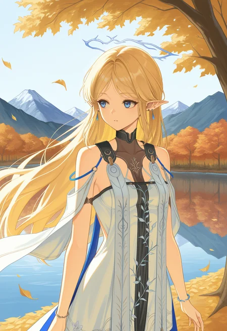 <lora:katixiya_illustrious-000060:1>,
katixiya_WW,solo,pointy ears,long hair,jewelry,blue eyes,blonde hair,earrings,white dress,bracelet,
masterpiece,best quality,looking to the side,outdoors,autumn,lake,tree,mountain,falling leaves,wind,small breasts,front view,halo