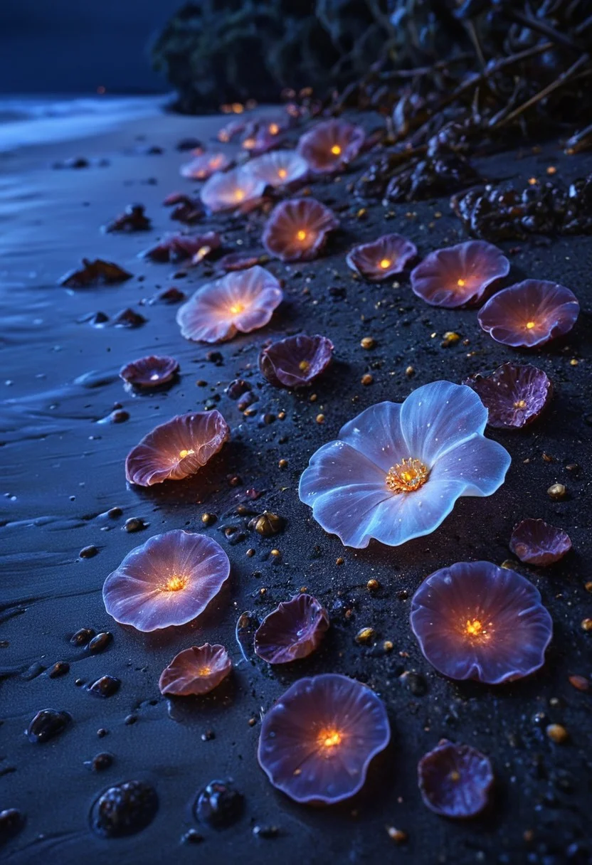 cs-cr1stal-v2,
A cosmic beach at twilight, Dutch still life painting, exquisite realism, rich dark background, vibrant flowers, intricate details, natural textures, delicate petals, soft lighting, luxurious objects, Baroque elegance, harmonious composition, fallen leaves and petals, subtle symbolism, rich color contrasts, timeless and refined beauty