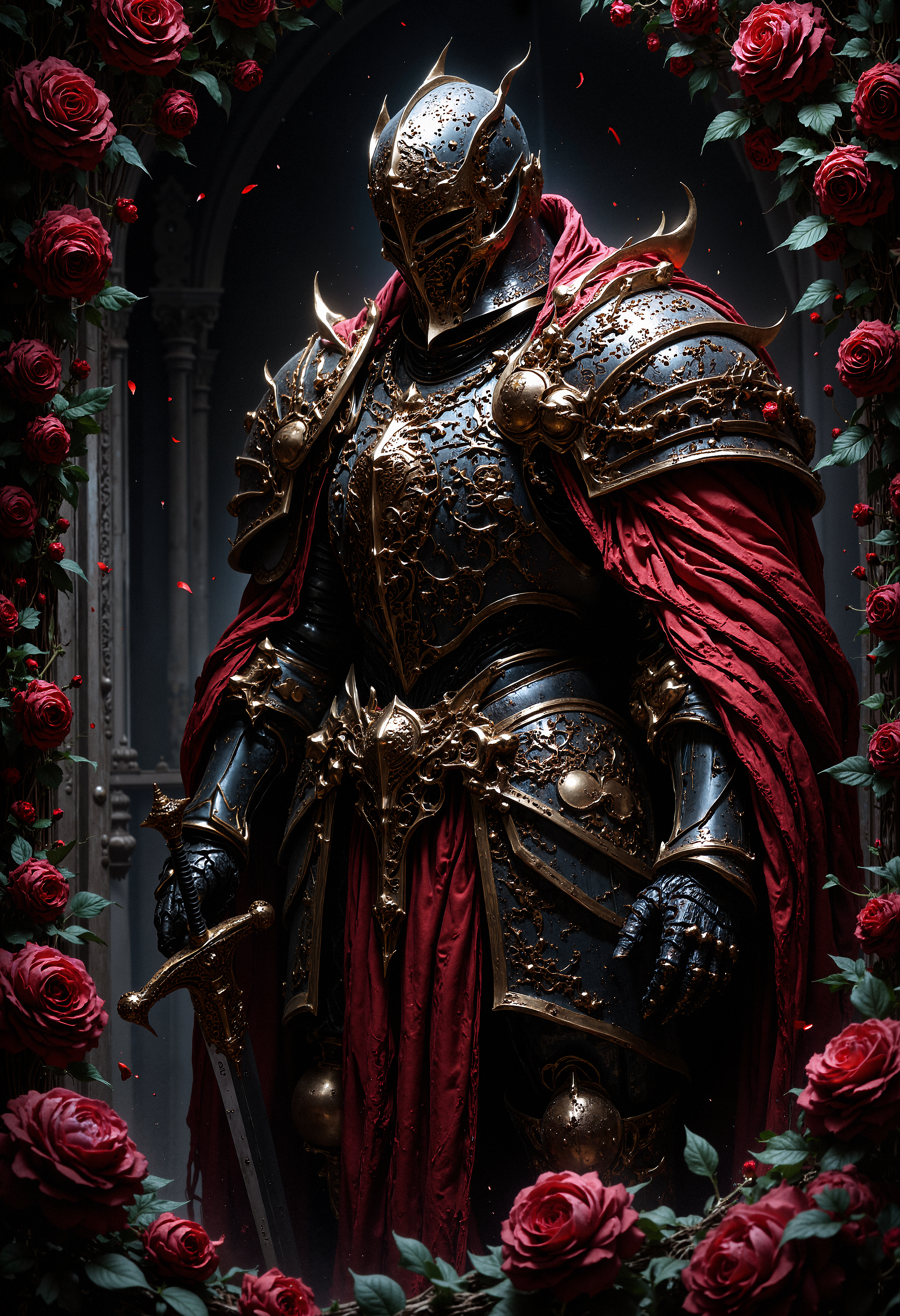 Medieval knight in full plate armor, standing in a side profile, covered with intricate ornate patterns, wearing a red tattered cloak, chainmail visible underneath, holding a sword by the hilt, dark and aged steel with gold accents, helmet with narrow eye slits, surrounded by deep red roses and green leaves, petals gently falling, dramatic shadows, dark and mysterious atmosphere, detailed texture of armor and cloak, moody and cinematic lighting, framed by a wall overgrown with roses.  <lora:FluxMythP0rtr4itStyle:0.8> MythP0rt,  <lora:flux_vividizer:0.6> <lora:FredFraiStyle-FLUX-Share:0.6>