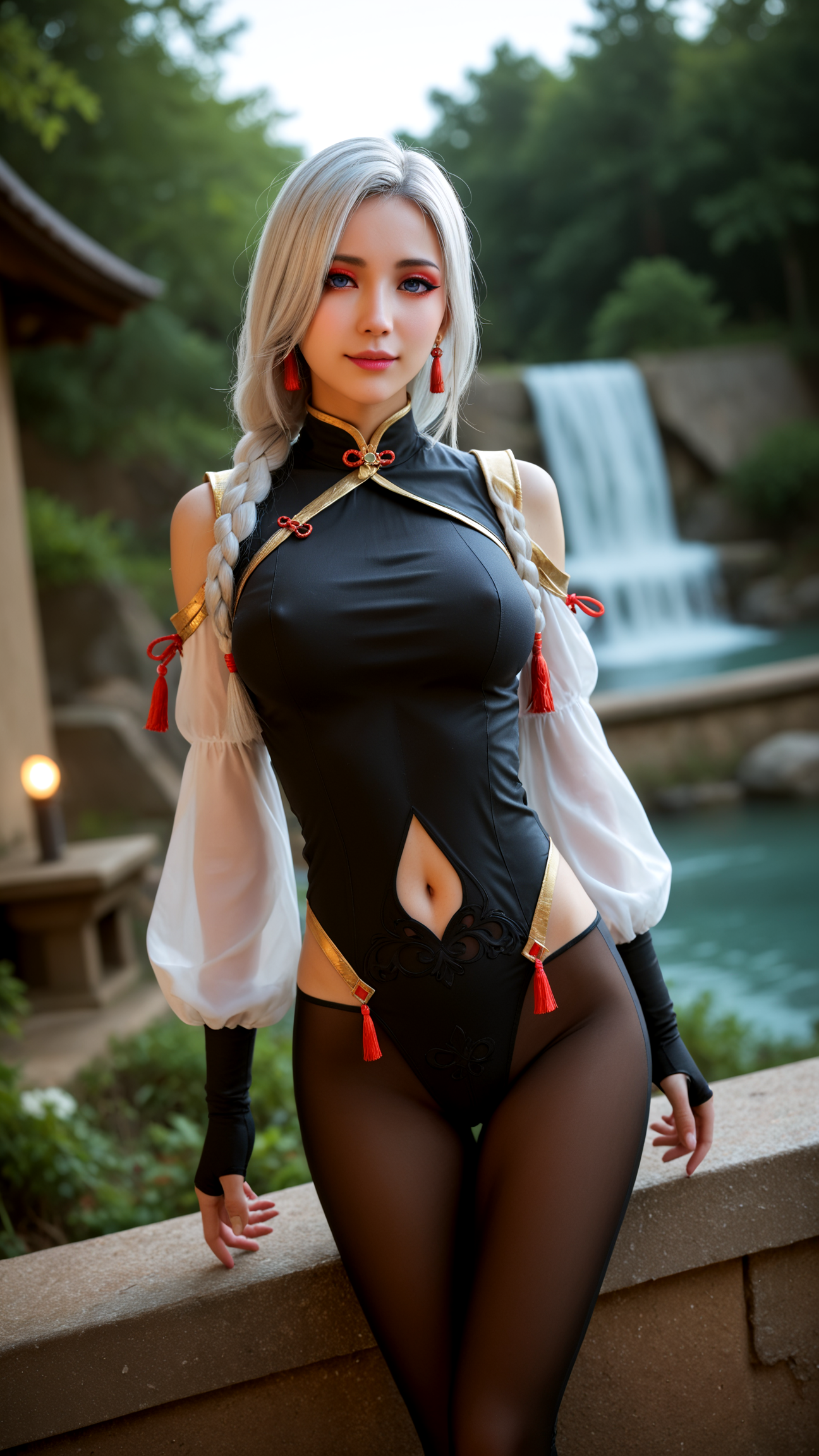 zPDXLrl,zPDXL2,rating_explicit, source_anime, cosplay girl, raw photo, realistic, finely detailed,(shenhe, blue eyes, braided ponytail, earrings, eyelashes, eyeliner, eyes visible through hair, eyeshadow, hair between eyes, makeup, red eyeshadow, sidelocks, single earring, symbol-shaped pupils, tassel, tassel earrings, white hair, long hair,arm support, bare shoulders, black bodysuit, black gloves, bodysuit, breast curtain, chinese knot, clothing cutout, covered navel, detached sleeves,gloves, gold trim, hip vent, jewelry, long sleeves, partially fingerless gloves, puffy detached sleeves, puffy long sleeves, puffy sleeves, shoulder cutout, side cutout,stomach cutout, thigh cutout, white sleeves,),(A woman standing with her hands on her hips, one foot slightly forward, looking over her shoulder.),
(vivid colors:1.3),from front, (((photo raw)),),glowing,sparkling,(dynamic angle,dynamic pose),full_body,smile,sitting,flowers, underwear,panty,presenting,messy long hair with bangs, ,miniskirt,wearing gothic outfit,
(),( utopian city magic,town square,moonlight,water fountain),(woodland, nighttime silence,marsh mists,seashell,limestone cave),