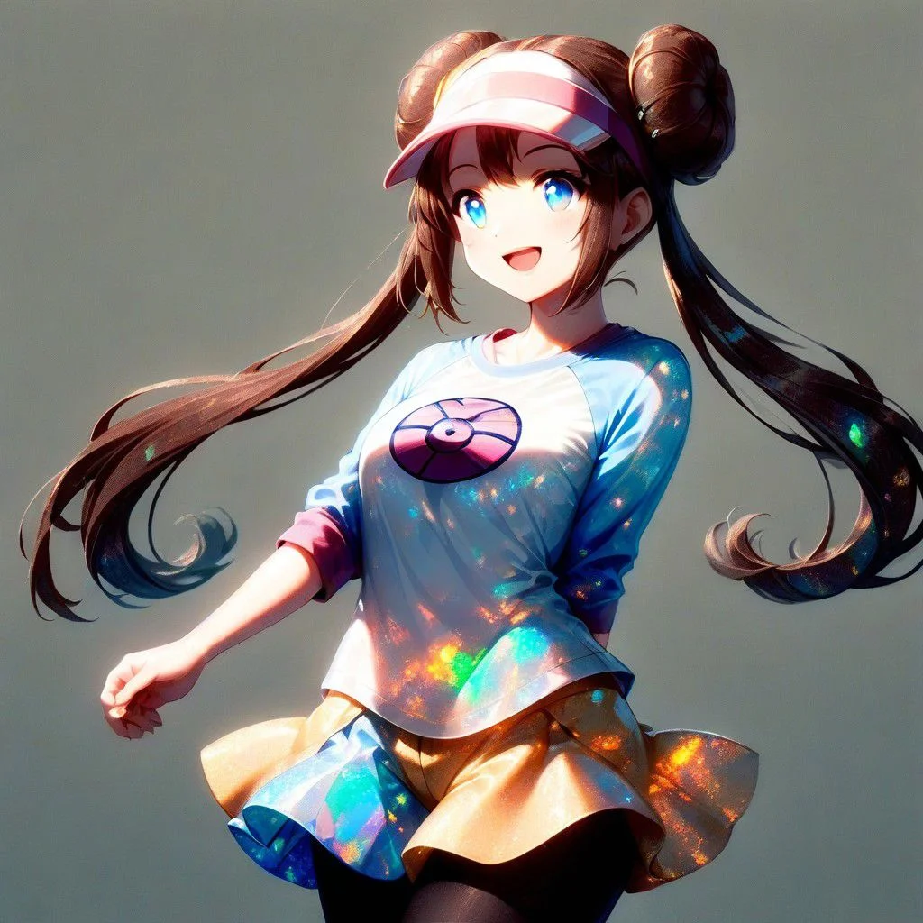 1girl, solo, ral-opal, double exposure, rosa pokemon, brown hair, blue eyes, long hair, hair bun, double bun, twintails, bangs, sidelocks, visor cap, white shirt, light blue raglan sleeves, long sleeves, sleeves past elbows, yellow shorts, black pantyhose, pink socks, white sneakers, smile, open mouth,