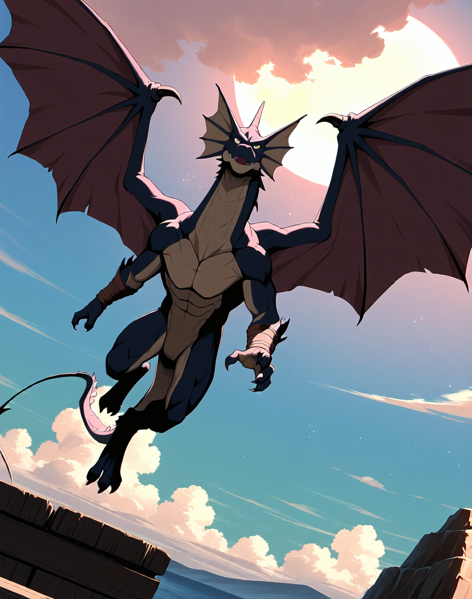 8K, In'ei, chiaroscuro, volumetric lighting, perfect depth of field shot, masterpiece, beautiful, sharp focus, crisp details, masterclass animation, source_anime, source_furry, furry_art, bara, kemono,
<lora:Pirate_Dragon_(Monster_Rancher)_(Illustrious)_(AD):1> Pirate_Dragon, Monster Rancher, dragon, 
exterior, blue green gradient sky with clouds, 
dynamic action, bent leg, dutch angle, 
wings, head turned to viewer to smile, glossy skin, 
EZRealPONYXL, zPDXL, Smooth Quality, lazynsfw,