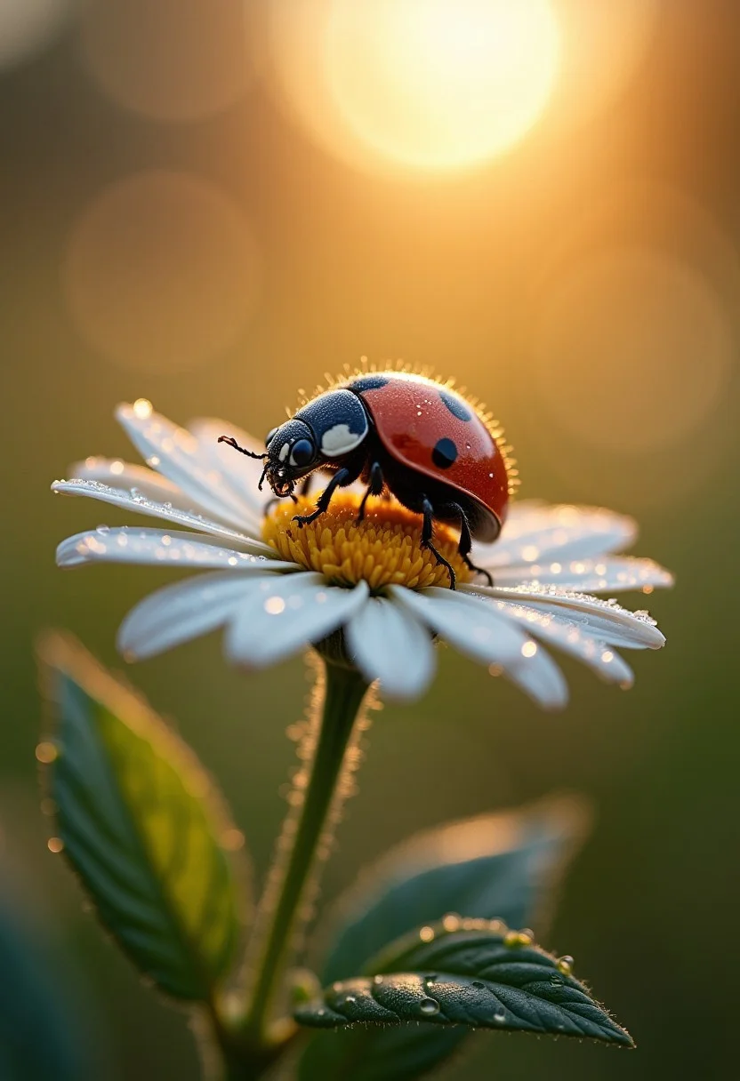 hyp3rd3tail style,  macro photography shot of a tiny ladybug on a flower in the morning sun, the flower and it's leaves covered in dew