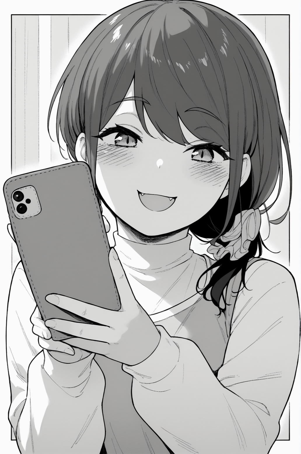 score_9, score_8_up, score_7_up, monochrome, manga_source, best background, detailed background, manga, grayscale   Kurumi, blush, cellphone, fang, holding, looking at viewer, open mouth, phone, smile, solo <lora:JN_Kurumi:0.8>