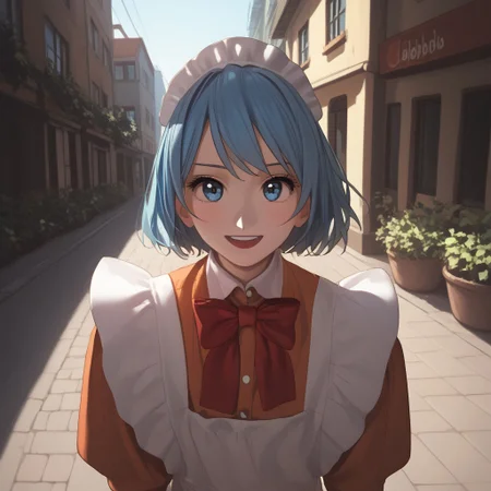 abbystea style, score_9, score_8_up, score_7_up, best quality, high detailed, BREAK
female, solo, long eyelashes, cute,
Chikoi the Maid, maid, white maids headband, blue hair, short hair, blue eyes, Red bow tie, orange maid suit
looking at you,
scenery porn, outdoors,
sunlight, high angle, face focus, background tokyo streets, saturated colors, smile, open mouth