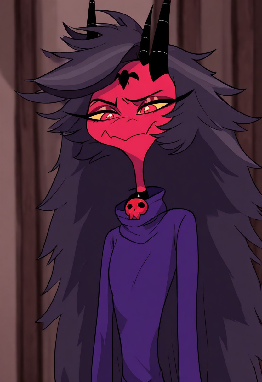 masterpiece, best quality, newest, absurdres, highres, anime, anime style,
1girl, HelluvaBossTillav1, demon girl, tall imp, horns, black horns, dress, Purple dress, black hair, very long hair, tall, tall woman, skull necklace, necklace, jewelry, yellow sclera, colored skin, colored sclera