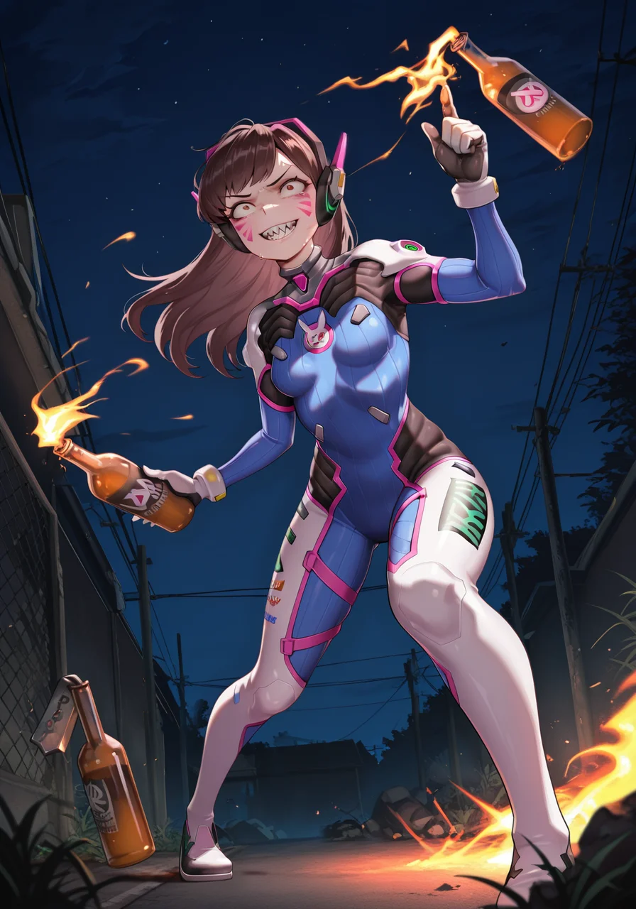 embedding:IllusP0s, TTCSV1.0, molotov_\(weapon\), lit rag, throwing, 1girl, d.va_\(overwatch\), evil laugh, sharp teeth, outdoors, night, solo,<lora:molotov_weapon_ill-000007.safetensors:1.0:1.0>
