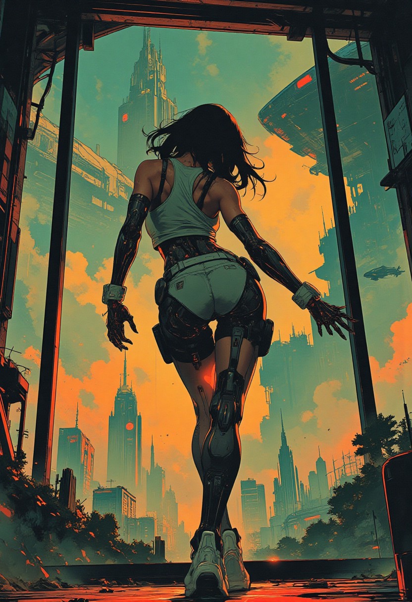In the style of ff-td, nistyle, Silhouette Art, magnificent, crisp lines, closeup portrait of stunning girl, 1girl, black hair, Booty shorts, robotic legs, Gluteal fold, cut off tank top, stretching, designer sneakers, 
Large butt,
Inside, futuristic living room, large window overlooking a city,
abstract background suggesting a futuristic city, Spaceships flying overhead, tropical, windy, sunny, 
Cowboy Shot, close up, from below, From behind,